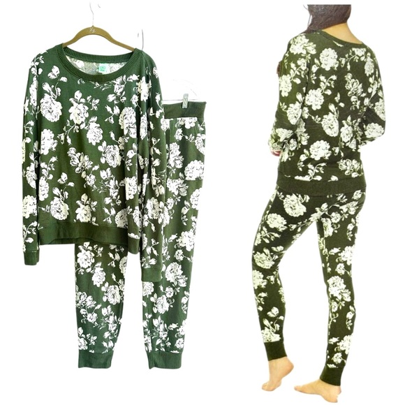 Honey Dew Women’s Olive Green Floral 2-Piece Pajama Lounge Set Crew Neck… - Picture 1 of 15